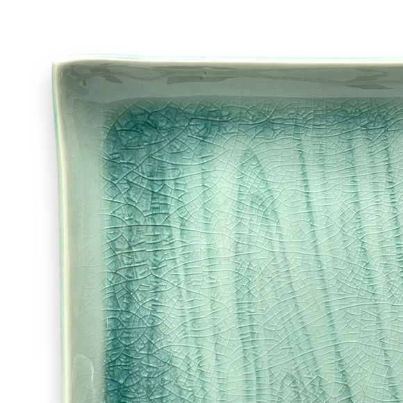 Japanese Set of 4 Celadon Green w/ Blue Crackle Square Glazed Small Plates 6" - Picture 6 of 9